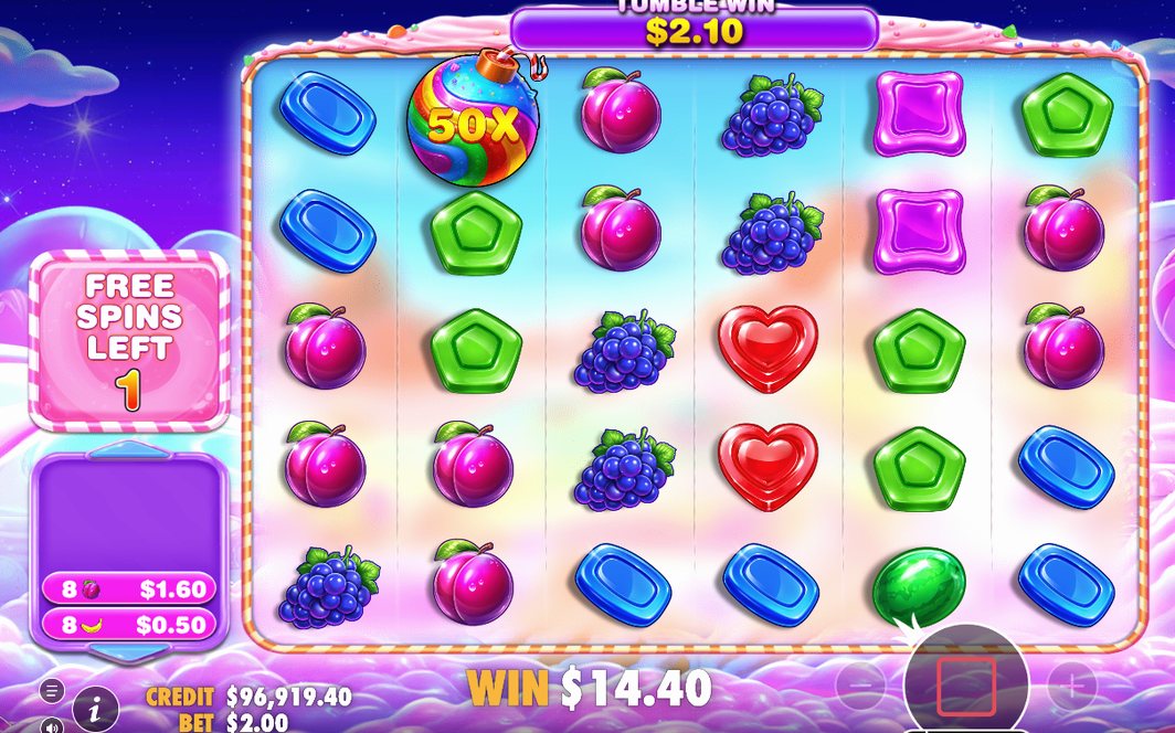 Tumlesekvens i Free Spins där bombbrickor staplas